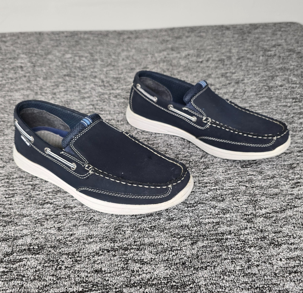 Lands' End Slip On Boat Shoes Loafers Men's 9 Navy Blue, White Lacing Faux Suede